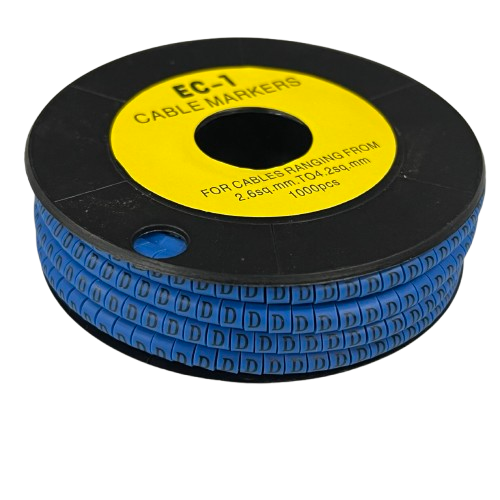 Spool of blue cable markers showing Cable "D" Marker 2.6mm to 4.2mm Blue for 2.6 to 4.2mm cable identification