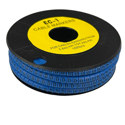 Spool of blue cable markers showing Cable "D" Marker 2.6mm to 4.2mm Blue for 2.6 to 4.2mm cable identification