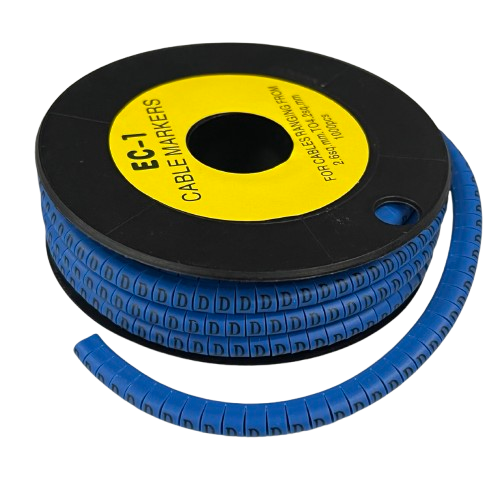 Spool of blue Cable "D" Marker 2.6mm to 4.2mm Blue cable markers on black reel with yellow label for wire identification