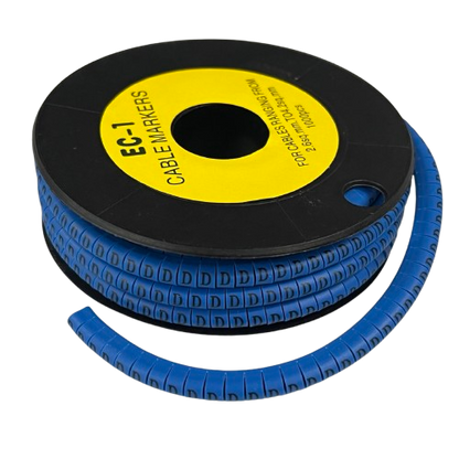 Spool of blue Cable "D" Marker 2.6mm to 4.2mm Blue cable markers on black reel with yellow label for wire identification