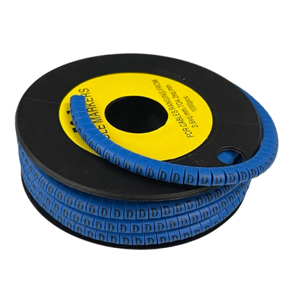 Spool of blue Cable "D" Marker 2.6mm to 4.2mm Blue cable markers showing repeated D labels