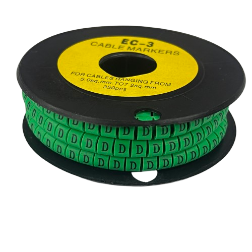 Spool of green cable markers with repeated D labels for wiring identification Cable "D" Marker 5.0mm to 7.2mm Green