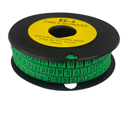 Spool of green cable markers with repeated D labels for wiring identification Cable "D" Marker 5.0mm to 7.2mm Green