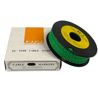 Spool of green cable markers and box showing Cable "D" Marker 5.0mm to 7.2mm Green for cable labeling