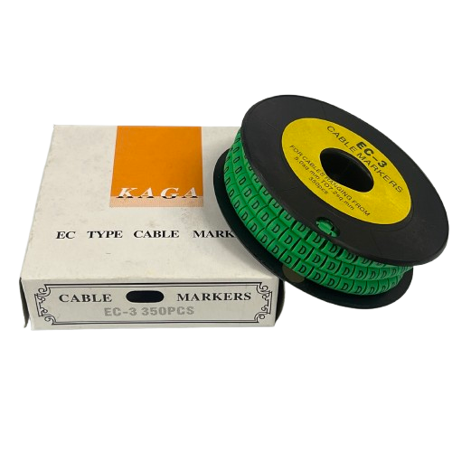 Spool of green cable markers and box showing Cable "D" Marker 5.0mm to 7.2mm Green for cable labeling