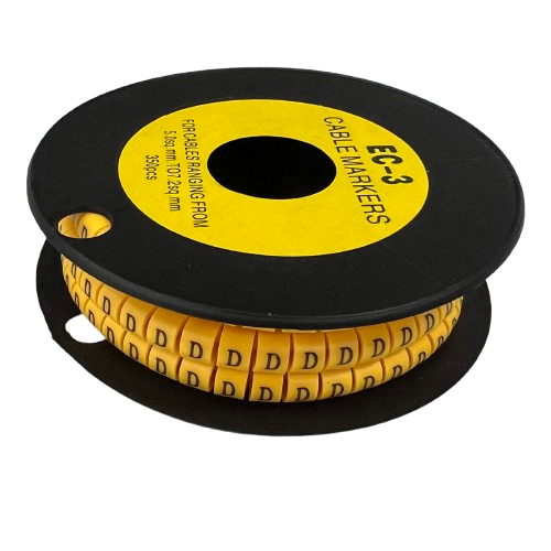 Cable "D" Marker 5.0mm to 7.2mm Yellow on black spool showing multiple D letter cable labels for wiring