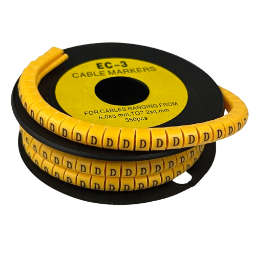 Spool of yellow cable markers with repeated D labels on a black reel Cable "D" Marker 5.0mm to 7.2mm Yellow