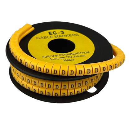 Spool of yellow cable markers with repeated D labels on a black reel Cable "D" Marker 5.0mm to 7.2mm Yellow
