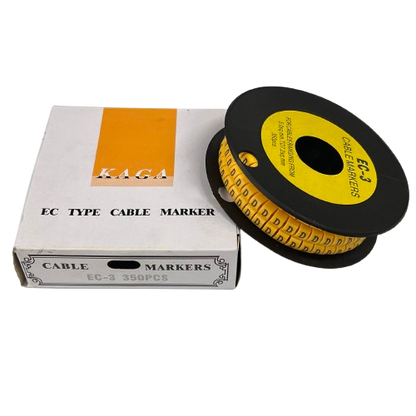 Reel of Cable "D" Marker 5.0mm to 7.2mm Yellow labels on black spool beside white product box