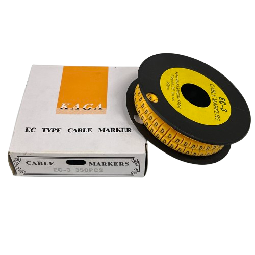 Reel of Cable "D" Marker 5.0mm to 7.2mm Yellow labels on black spool beside white product box