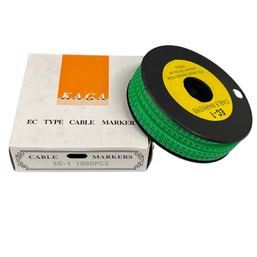 Grippes spool of green cable markers and box showing Cable "D" Marker EC-1 Green for wiring