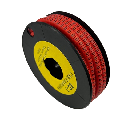 Grippes spool of Cable "D" Marker Red 2.6mm to 4.2mm labels wound on black reel for cable identification