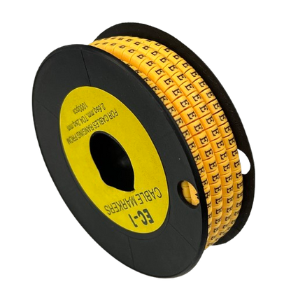 Spool of yellow self-adhesive cable markers with printed E characters for labeling wires Cable "E" Marker 2.6mm to 4.2mm Yellow