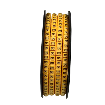 Spool of yellow cable markers with repeated E labels for wire identification Cable "E" Marker 2.6mm to 4.2mm Yellow