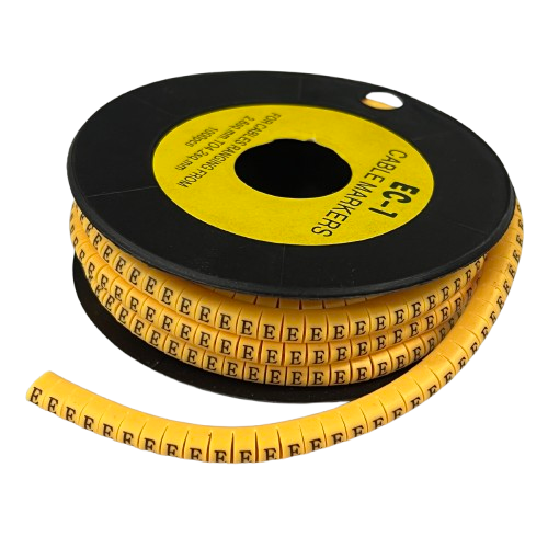 Spool of yellow Cable "E" Marker 2.6mm to 4.2mm Yellow snap on markers with repeat E labels for cable identification