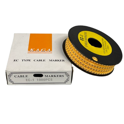 Spool and box of yellow cable markers Cable "E" Marker 2.6mm to 4.2mm Yellow for wire labeling