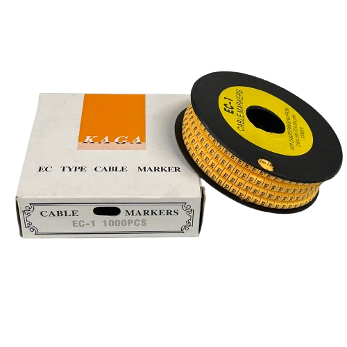 Spool and box of yellow cable markers Cable "E" Marker 2.6mm to 4.2mm Yellow for wire labeling