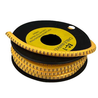 Spool of yellow Cable "E" Marker 2.6mm to 4.2mm Yellow adhesive wire labels for identifying 2.6 to 4.2mm cables