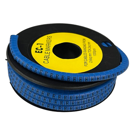 Spool of blue letter E cable markers for labeling wires Cable "E" Marker 2.6mm to 4.2mm Blue on black reel