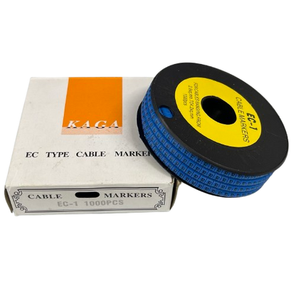 Spool of blue cable markers with white box, Cable "E" Marker 2.6mm to 4.2mm Blue for wire labeling and identification