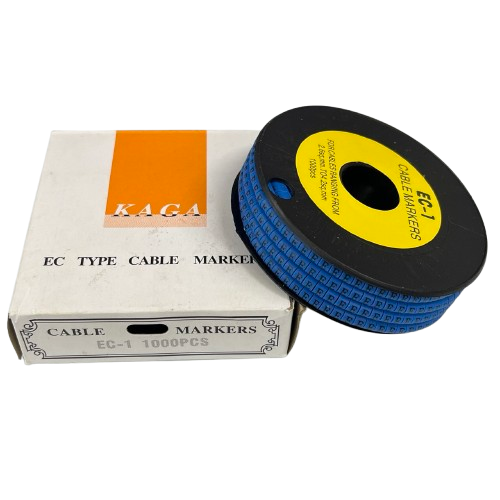 Spool of blue cable markers with white box, Cable "E" Marker 2.6mm to 4.2mm Blue for wire labeling and identification