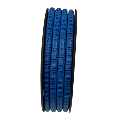 Spool of blue cable markers showing repeated E labels for wire identification Cable "E" Marker 2.6mm to 4.2mm Blue