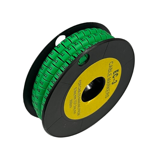 Spool of green cable markers labeled Cable "E" Marker 5.0mm to 7.2mm Green for wiring identification