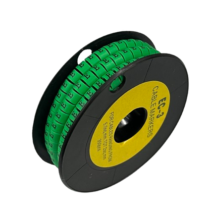 Spool of green cable markers labeled Cable "E" Marker 5.0mm to 7.2mm Green for wiring identification
