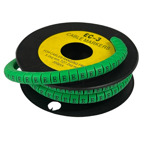 Spool of green Cable "E" Marker 5.0mm to 7.2mm Green cable markers on black reel for wire labeling