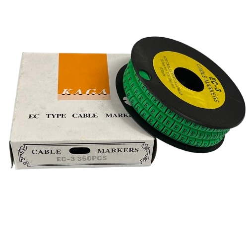 Spool of green Cable "E" Marker 5.0mm to 7.2mm Green labels on reel beside white KAGA cardboard box