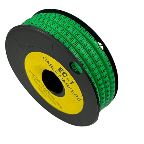 Grippes spool of Cable "E" Marker Green 2.6mm to 4.2mm on black reel for cable identification and labeling