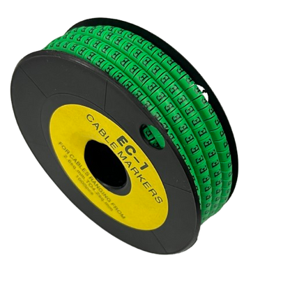 Grippes spool of Cable "E" Marker Green 2.6mm to 4.2mm on black reel for cable identification and labeling