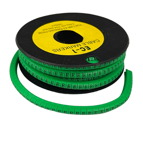 Grippes spool of green cable markers with repeated E labels Cable "E" Marker Green 2.6mm to 4.2mm