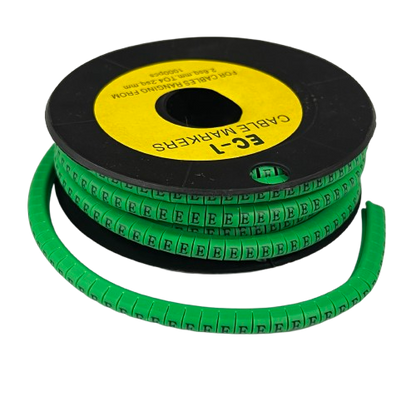 Grippes spool of green cable markers with repeated E labels Cable "E" Marker Green 2.6mm to 4.2mm