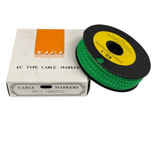 Grippes Cable "E" Marker Green 2.6mm to 4.2mm spool of numbered green cable markers with box