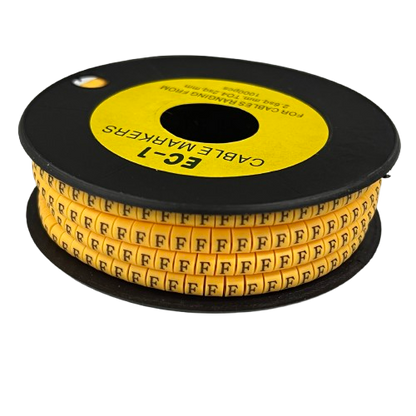 Spool of yellow cable ID rings with repeated F labels on black reel for wiring organization Cable "F" Marker 2.6mm to 4.2mm Yellow