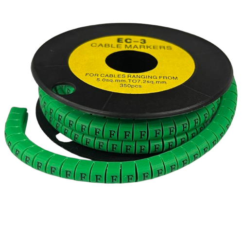Reel of green plastic Cable "F" Marker 5.0mm to 7.2mm Green for cable management, repeated F labels