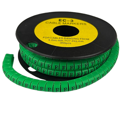 Reel of green plastic Cable "F" Marker 5.0mm to 7.2mm Green for cable management, repeated F labels