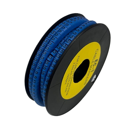 Spool of blue Cable "G" Marker 2.6mm to 4.2mm Blue markers on a black reel for cable identification