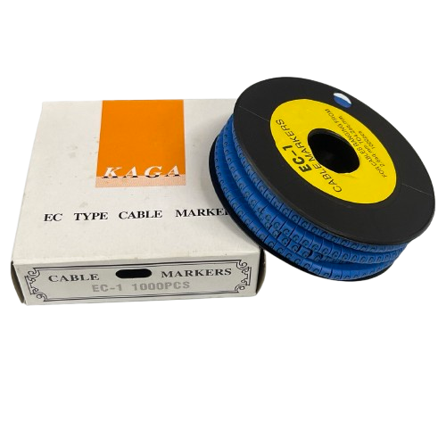 Spool of blue cable markers next to white box showing Cable "G" Marker 2.6mm to 4.2mm Blue for wiring identification