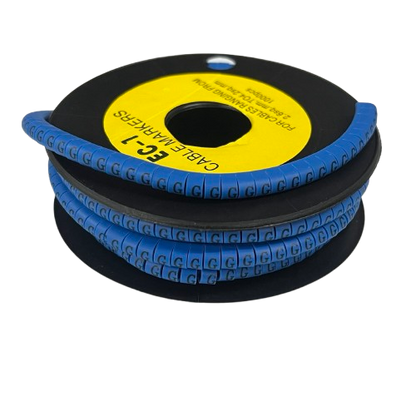Spool of flexible blue Cable "G" Marker 2.6mm to 4.2mm Blue strips with repeated G on each marker for wire labeling