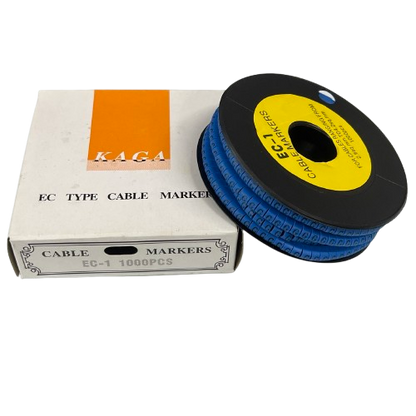 Reel and box of Cable "G" Marker 2.6mm to 4.2mm Blue cable identification markers on spool 1000pcs