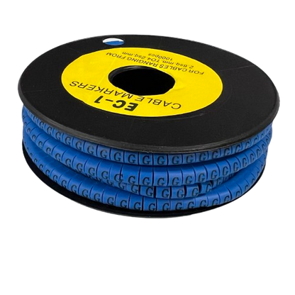 Spool of blue cable markers with printed G letters for labeling wires Cable "G" Marker 2.6mm to 4.2mm Blue