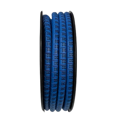 Spool of blue cable markers with repeated Cable "H" Marker 2.6mm to 4.2mm Blue identifiers for wiring