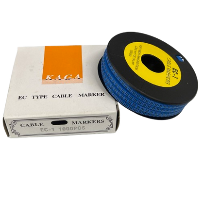 Roll of Cable "H" Marker 2.6mm to 4.2mm Blue labels on black spool with white packaging box