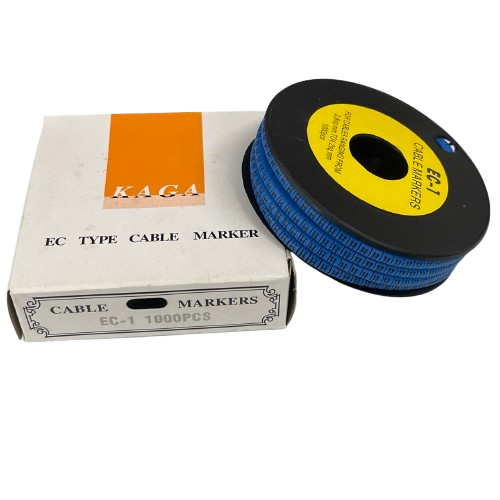 Roll of Cable "H" Marker 2.6mm to 4.2mm Blue labels on black spool with white packaging box