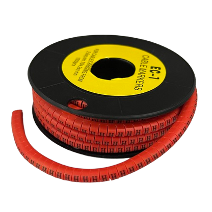 Grippes red spool of printed H cable markers on black reel Cable "H" Marker Red 2.6mm to 4.2mm for wire identification