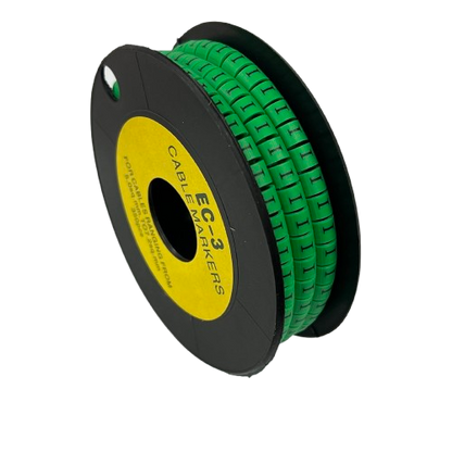 Spool of green segmented cable markers on black reel for wire labeling Cable "I" Marker 5.0mm to 7.2mm Green