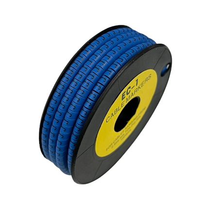Spool of Cable "J" Marker 2.6mm to 4.2mm Blue cable markers on a reel for cable management