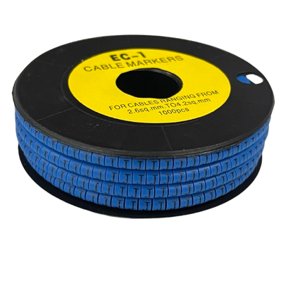Spool of blue plastic cable markers Cable "J" Marker 2.6mm to 4.2mm Blue on black reel for wire identification
